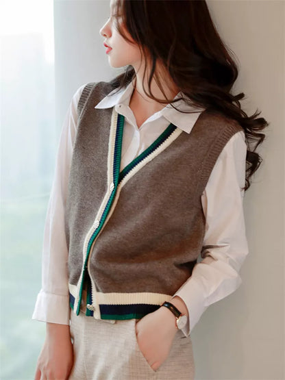 Chaleco de punto con cuello en V y botones para mujer - Cárdigan sin mangas con ribete de rayas estilo preppy