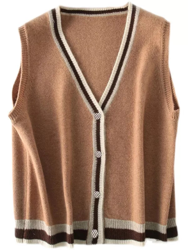 Chaleco de punto con cuello en V y botones para mujer - Cárdigan sin mangas con ribete de rayas estilo preppy