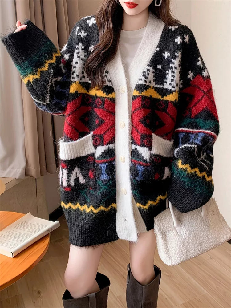 Damen-Strickjacke in Übergröße, mittellang, geometrisches Muster – Oversize-Strickmantel im Mohair-Stil