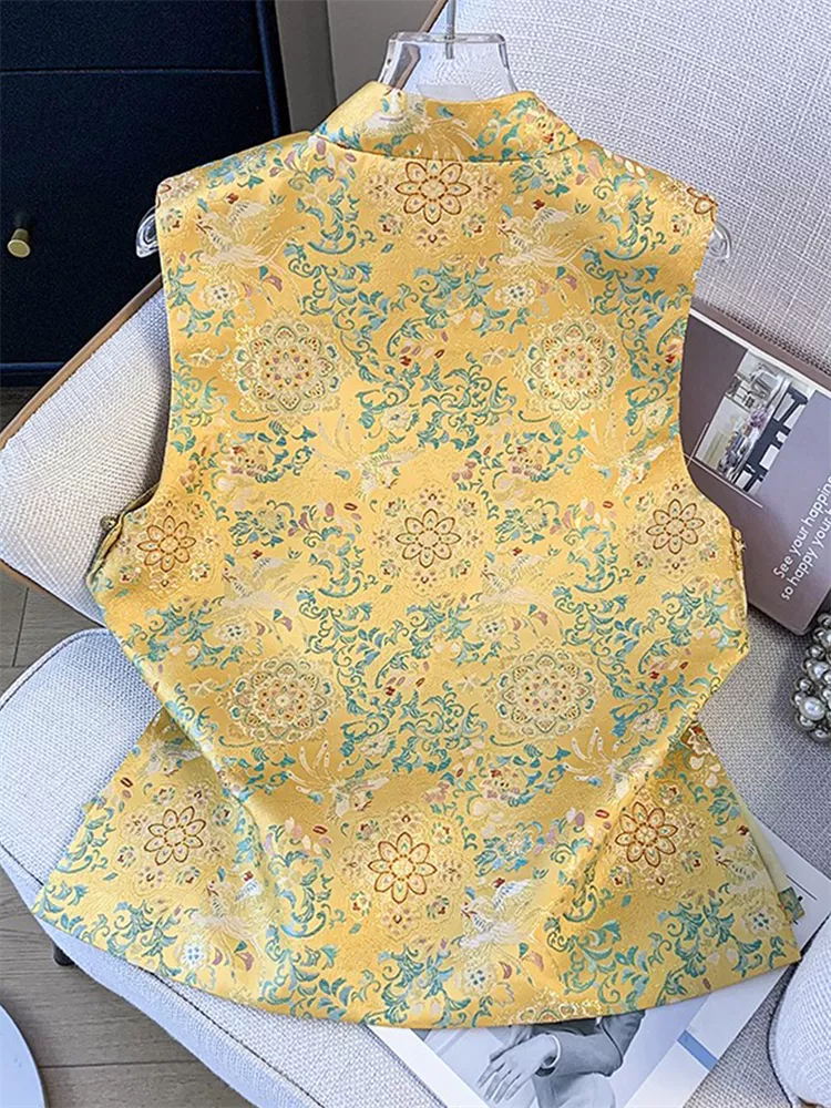 Orientalische Jacquard-Weste für Damen - Blaue Weste mit Blumenbrokat und Stehkragen