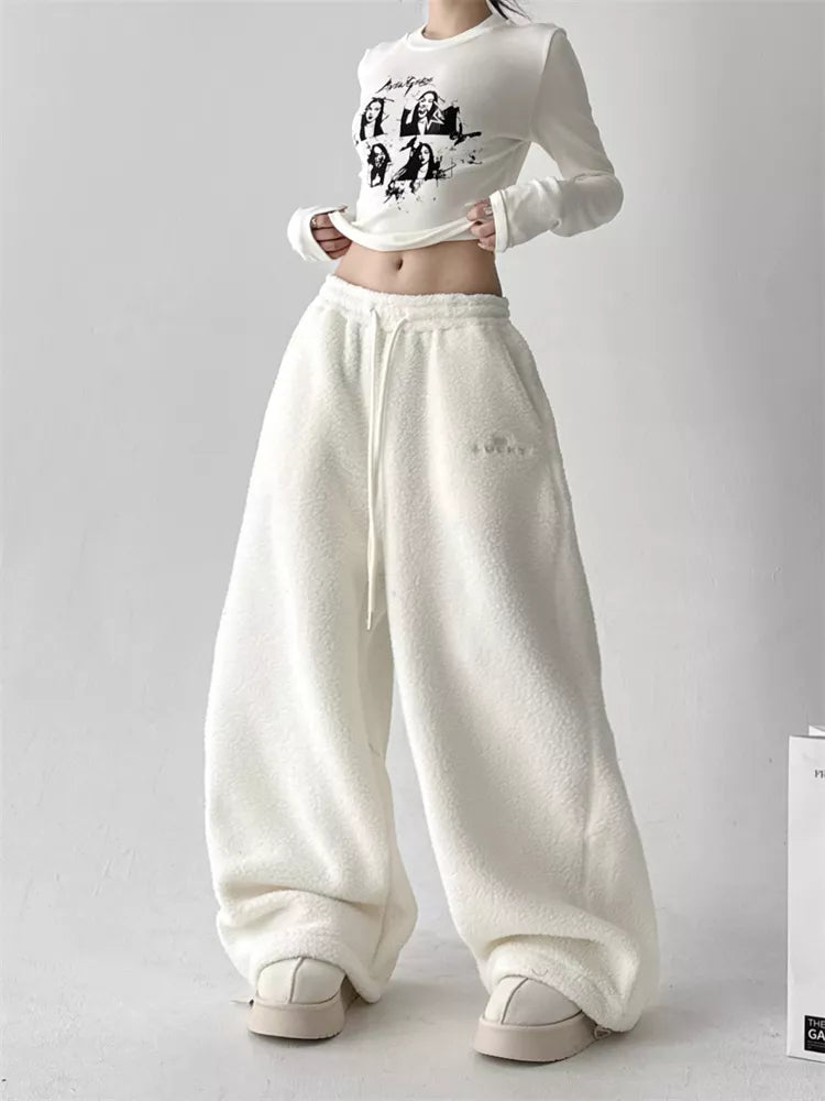 Pantalones anchos de sherpa sintética para mujer - Pantalones deportivos holgados y acogedores de felpa de peluche