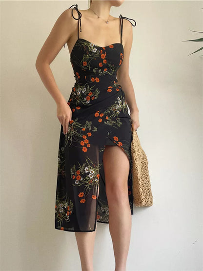 French Retro Floral Spaghetti-Strap Midi Dress for Women