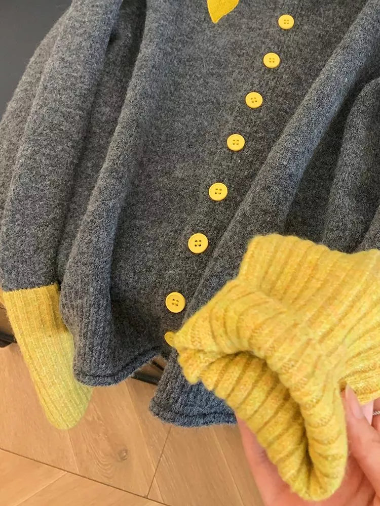 Women's Soft Contrast Color Block Knitted Cardigan with Heart Accent