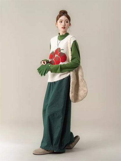 Women's Cute Tomato Jacquard Soft Knitted Sweater Vest Korean Preppy Style