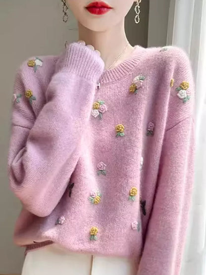 Women's Sweet 3D Floral Embroidered Soft Cream Knitted Sweater