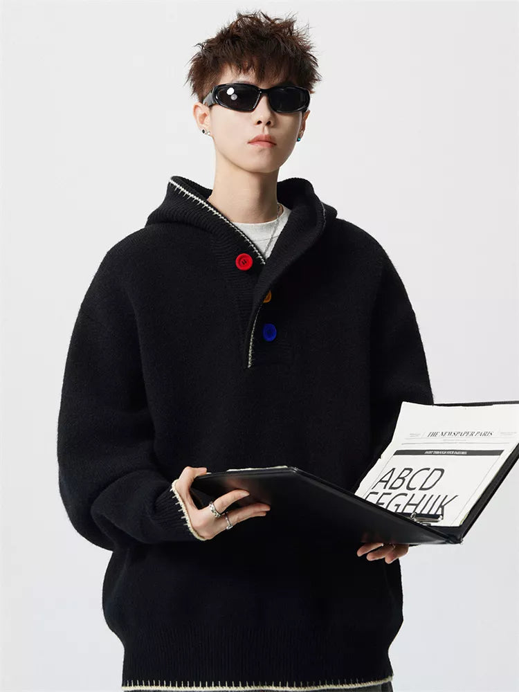 Men's American Retro Heavyweight Hooded Knit Sweater with Colorful Buttons