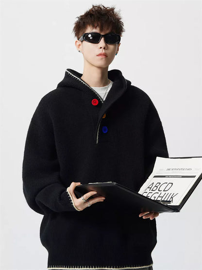 Men's American Retro Heavyweight Hooded Knit Sweater with Colorful Buttons