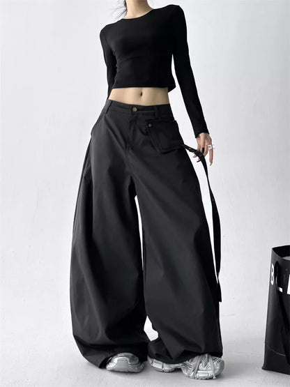 Black Classic High-Waist Wide-Leg Cargo Pants for Women