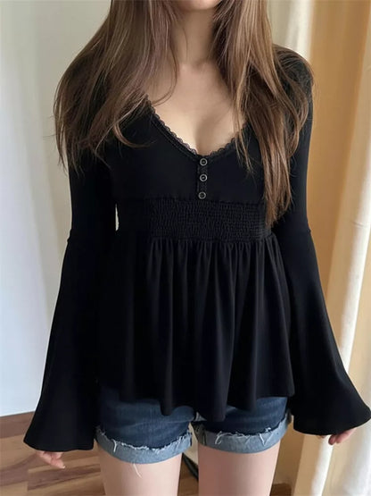 Black Lace Trim V-Neck Smocked Bell Sleeve Top