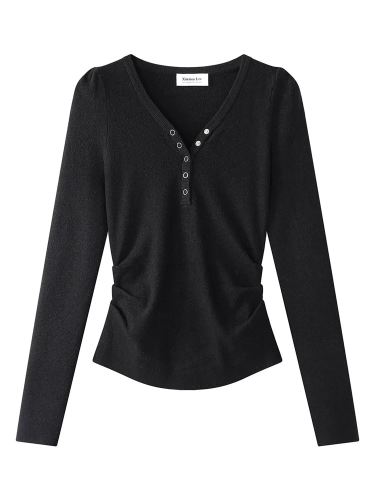 Dark Gray Sweet-Chic V-Neck Slim Knit Top for Women