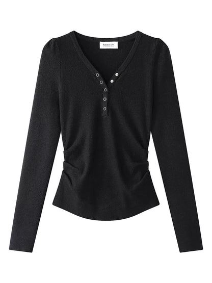 Dark Gray Sweet-Chic V-Neck Slim Knit Top for Women