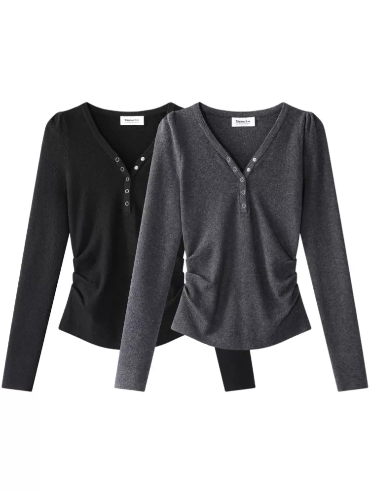 Dark Gray Sweet-Chic V-Neck Slim Knit Top for Women