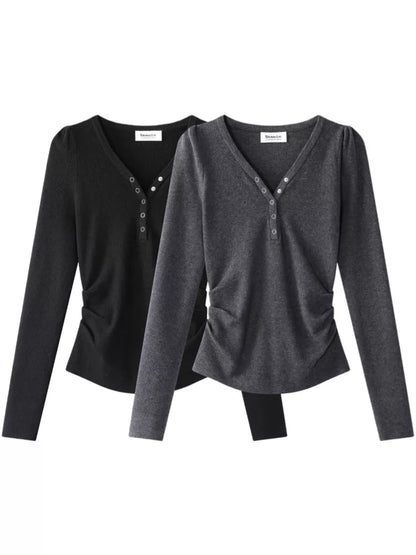 Dark Gray Sweet-Chic V-Neck Slim Knit Top for Women