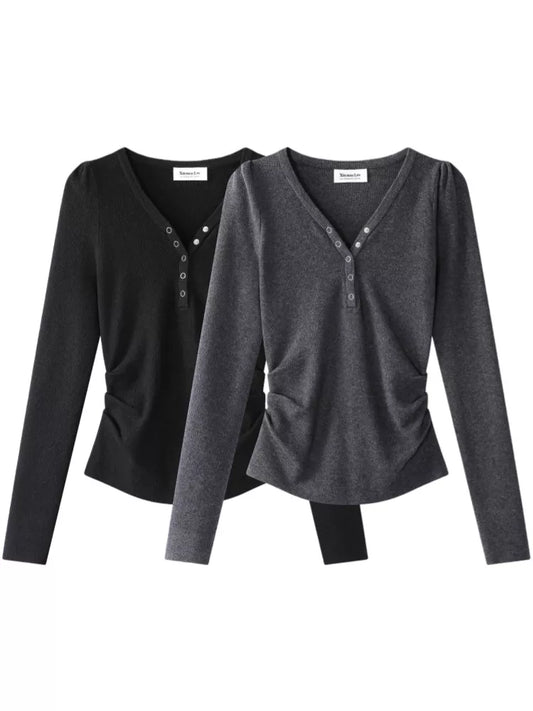 Dark Gray Sweet-Chic V-Neck Slim Knit Top for Women