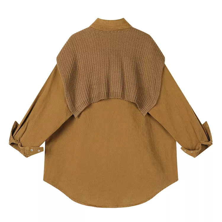 Women's Chic Cream Oversized Button-Down Shirt with Detachable Brown Knit Shawl Set