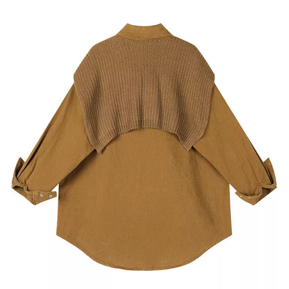 Women's Chic Cream Oversized Button-Down Shirt with Detachable Brown Knit Shawl Set