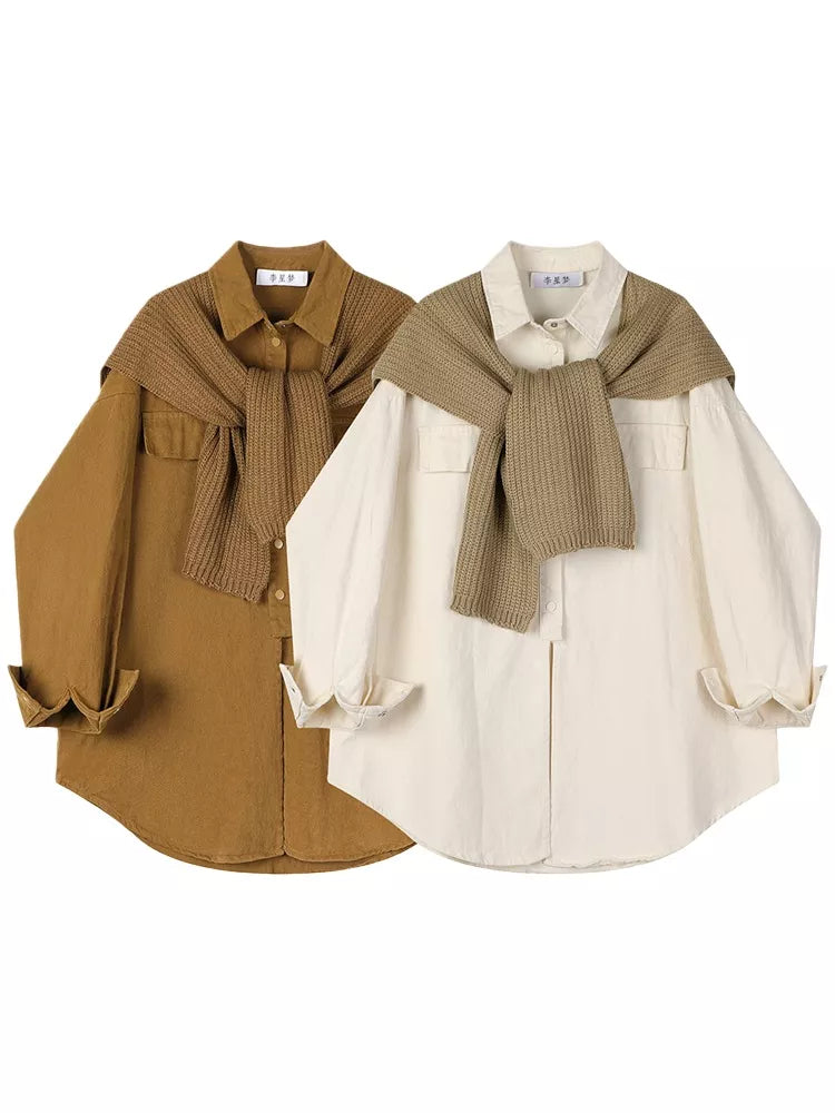 Women's Chic Cream Oversized Button-Down Shirt with Detachable Brown Knit Shawl Set