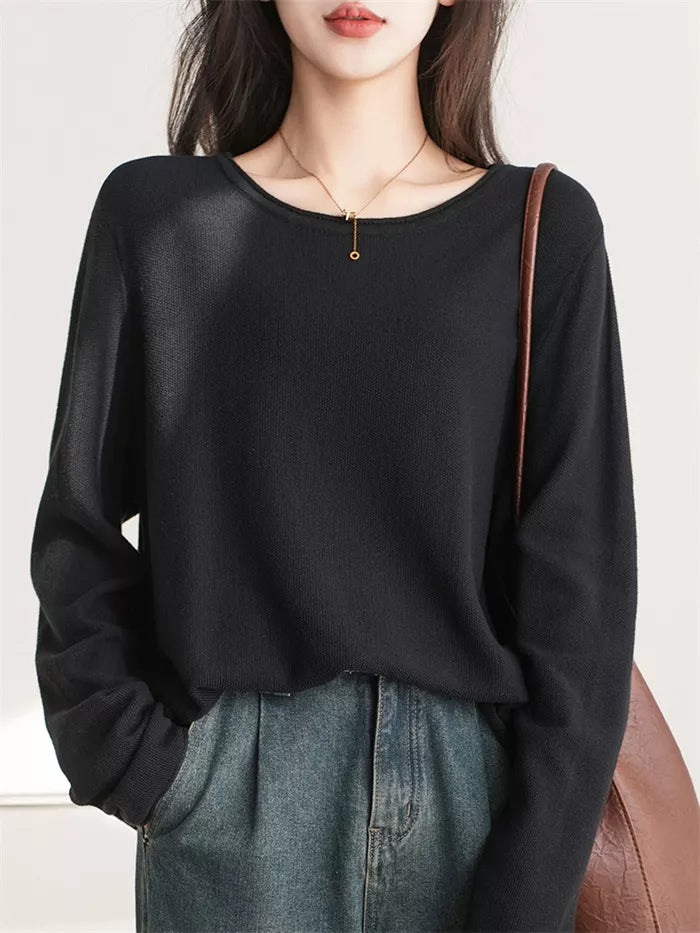 Women's Gray Cotton Crew Neck Long Sleeve Casual Top