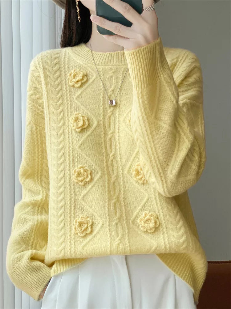 Handcrafted Beige Embroidered Pure Wool Sweater for Women
