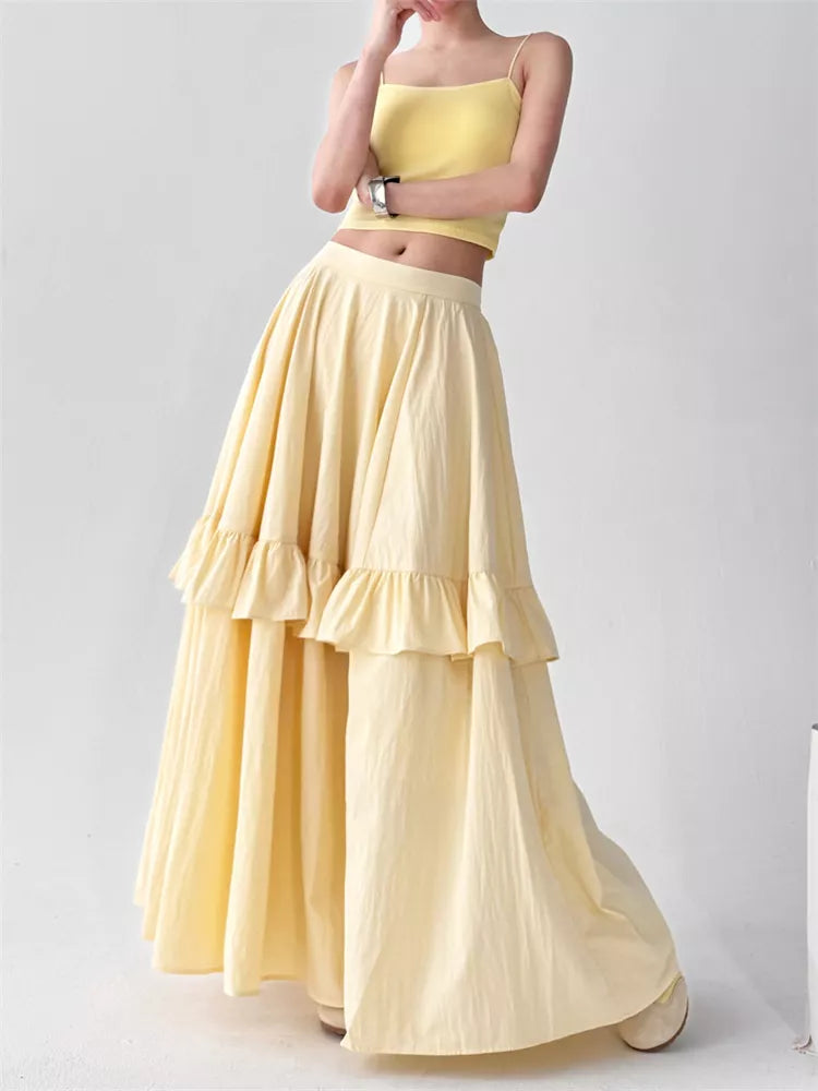 Women's Butter Yellow High-Waisted Tiered Ruffle Maxi Skirt Boho A-Line Long Cake Skirt