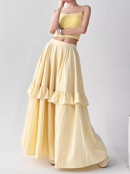 Women's Butter Yellow High-Waisted Tiered Ruffle Maxi Skirt Boho A-Line Long Cake Skirt