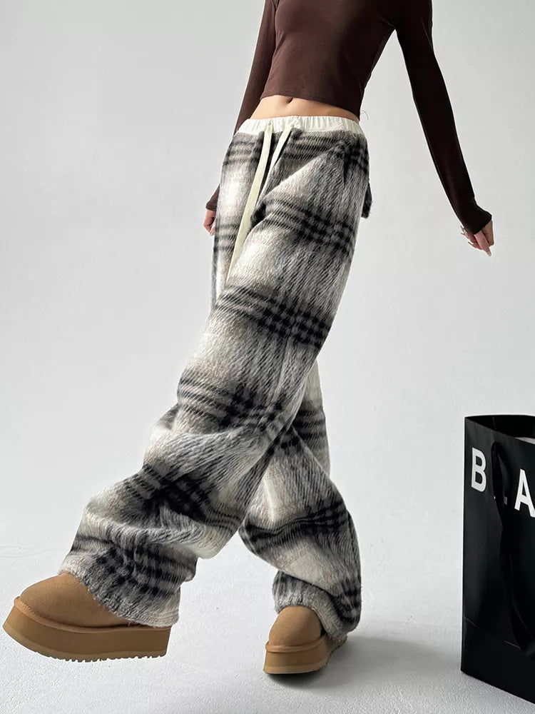 Women's Coffee High-Waisted Plaid Drawstring Woolen Wide Leg Pants