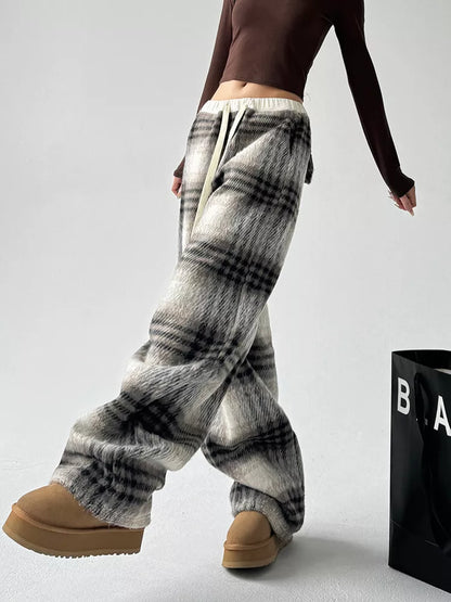 Women's Coffee High-Waisted Plaid Drawstring Woolen Wide Leg Pants