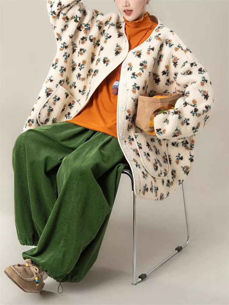 Women's Vintage Apricot Floral Faux Sherpa Button Down Cardigan Coat