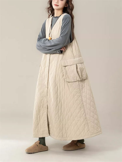 Women's Vintage Beige Diamond Quilted Vest Dress V-Neck Sleeveless Padded Pinafore