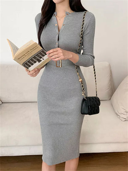 Women's Grey Ribbed Bodycon Long Sleeve Button Down Sweater Dress with Belt
