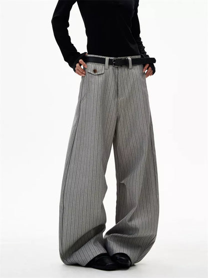 Women's American Retro Grey Pinstripe Curved Leg Loose Suit Pants