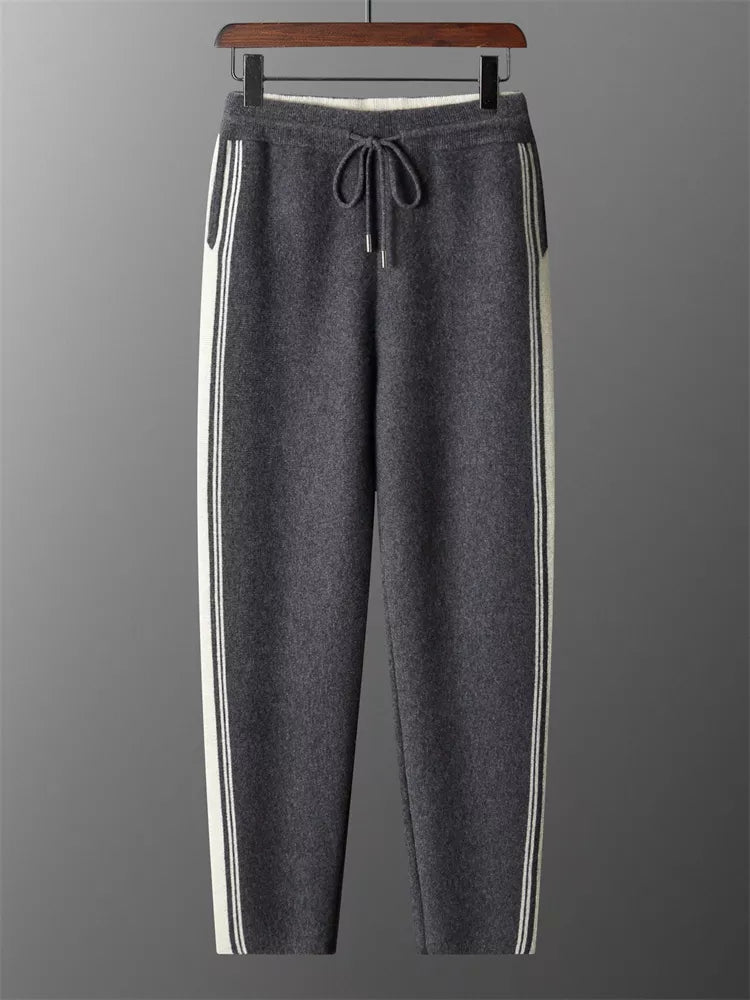 Men's Premium Pure Wool Knitted Tracksuit Set 2-Piece Striped Zip-Up Hoodie & Joggers