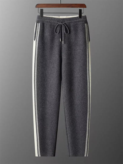 Men's Premium Pure Wool Knitted Tracksuit Set 2-Piece Striped Zip-Up Hoodie & Joggers