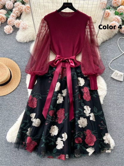 Elegant French Style Knitted Spliced Floral Mesh Dress