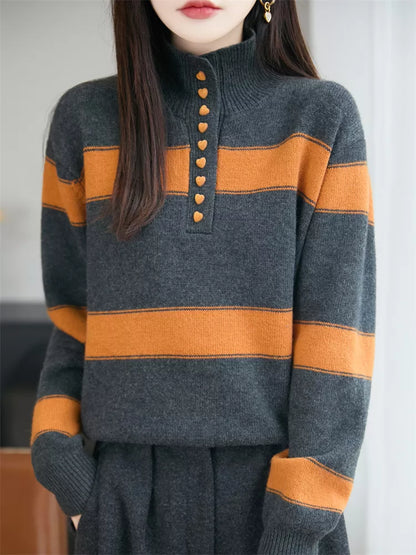 Women's Vintage Grey & Orange Striped Mock Neck Half-Button Sweater