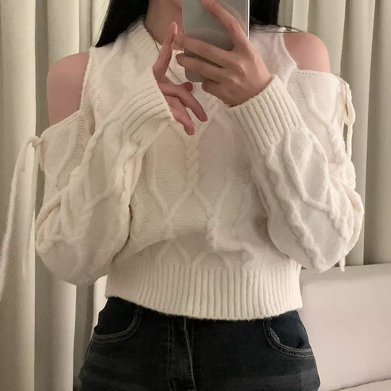 Women's Vintage Burgundy Cold Shoulder Cable Knit Sweater Ribbon Lace-Up Sleeve
