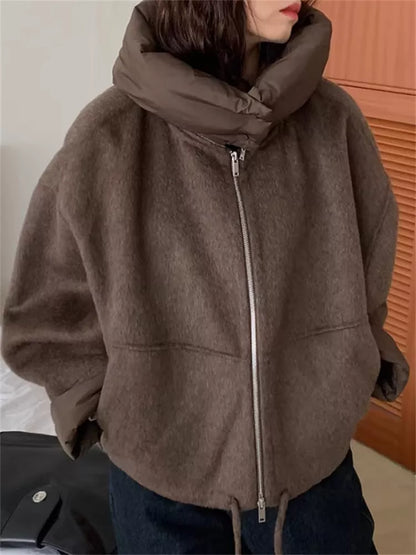 Women's Coffee Brown Woolen Zip-Up Short Jacket with Detachable Hooded Insert