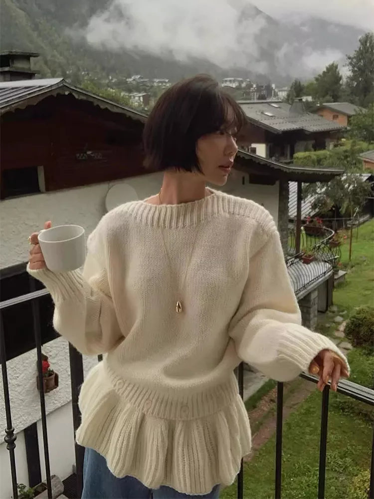 Women's Soft Cream Knit Ruffled Peplum Sweater