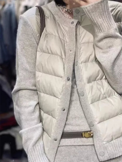 Women's French Chic Beige Knit Spliced Puffer Jacket