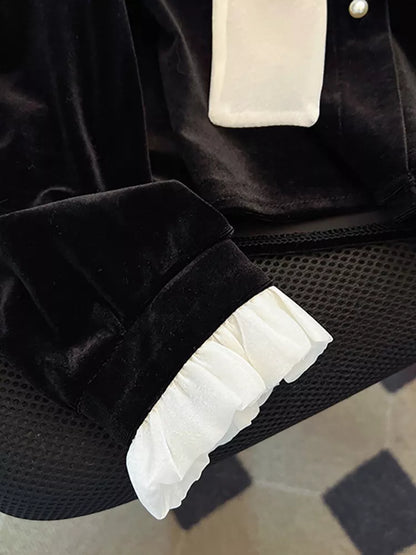 Women's French Vintage Black Velvet Blouse with Large White Bow Tie Elegant Ruffled Collar