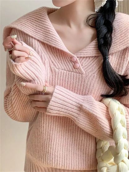 Women's Sweet Pink Sailor Collar Knitted Sweater