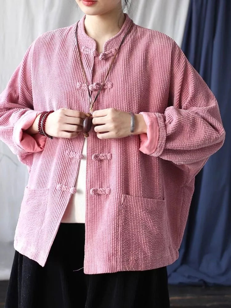 Women's Vintage Pink Corduroy Frog Button Loose Zen Blouse