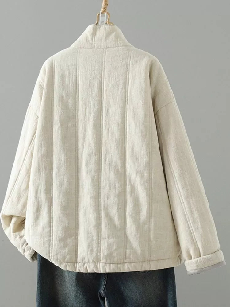 Women's Zen Style Cotton Linen Padded V-Neck Frog Button Quilted Winter Coat