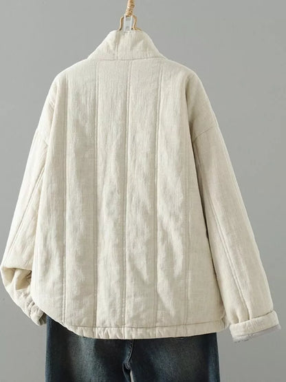 Women's Zen Style Cotton Linen Padded V-Neck Frog Button Quilted Winter Coat