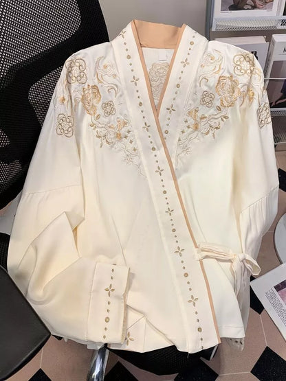 Women's Elegant White Embroidered New Chinese Style Gold Floral V-Neck Blouse