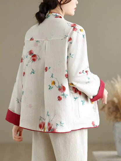 Women's Reversible New Chinese Style Pomegranate Floral Frog Button Stand Collar Coat