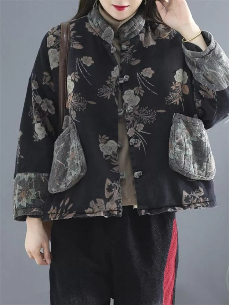 Women's Vintage Floral Print Padded Frog Button Short Jacket