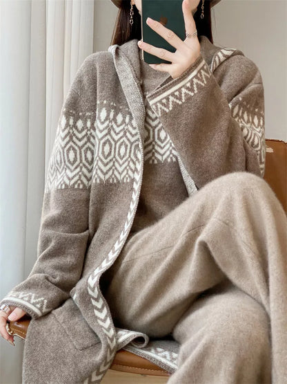 Women's Beige Geometric Jacquard Hooded Long Cardigan