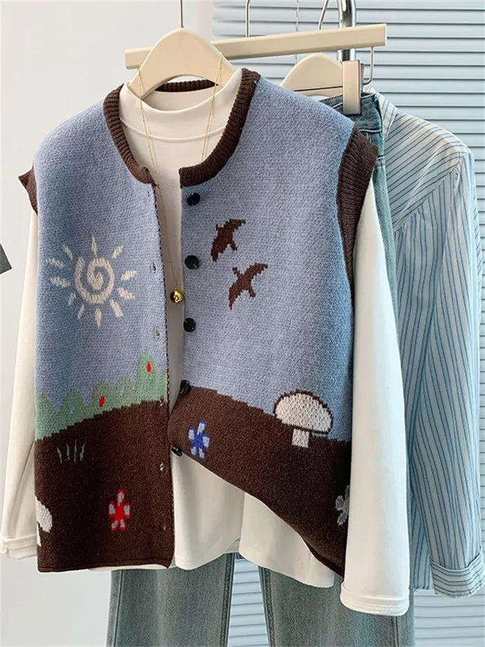 Women's Artistic Landscape Jacquard Knit Vest  Vintage Sun & Bird Pattern Button Down Waistcoat