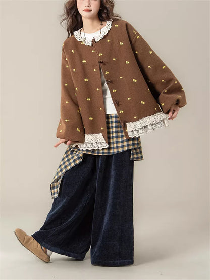 Women's French Sweet Coffee Brown Floral Embroidered Wool Blend Jacket with Lace Trim
